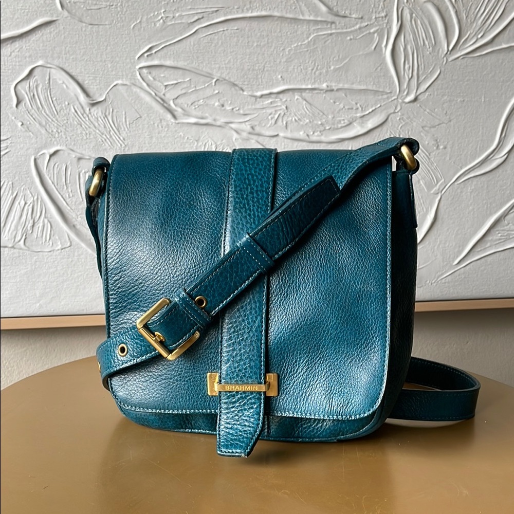 Brahmin Teal Leather Crossbody Bag with Gold Accents